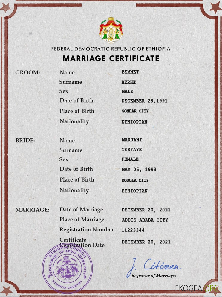 Modèle PSD de certificat de mariage éthiopien